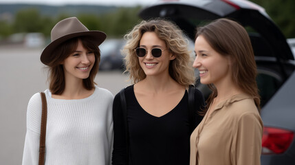 Happy women friends loading luggage into a car trunk, travel adventure, female friendship, road trip, vacation fun, group bonding