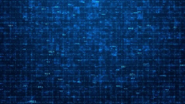 High-tech animation features glowing digital grid filled with fluctuating numeric data. Visualizes concept of big data, cybersecurity, blockchain metrics, futuristic computation, flow of information.