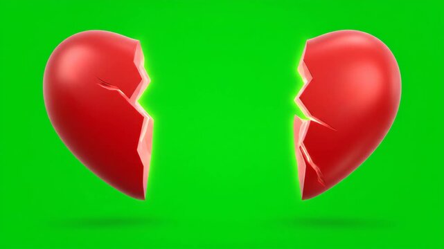  Broken Heart Emoji with Green Screen. Red Heart Shape Floating Against Green Screen
