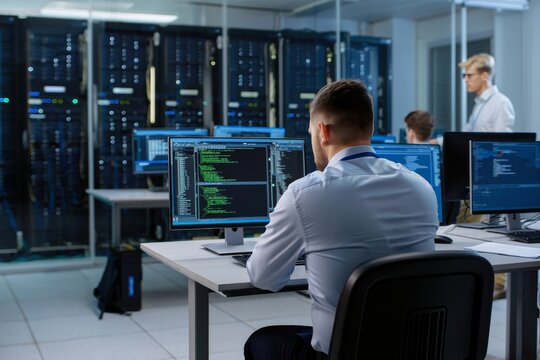 It professional working in data center server room coding cybersecurity network engineer job
