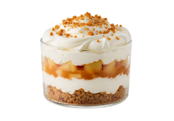 A layered dessert featuring creamy custard, caramelized apples, and a crunchy, spiced topping.