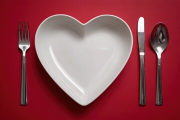 Heart shaped white plate on a red background. Empty Heart shape plate in table setting with fork and knife. Valentines day table set. Romantic Cutlery. Symbolizing amorous dining concept. Love mock-up