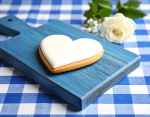 Heart-shaped iced cookie on blue cutting board