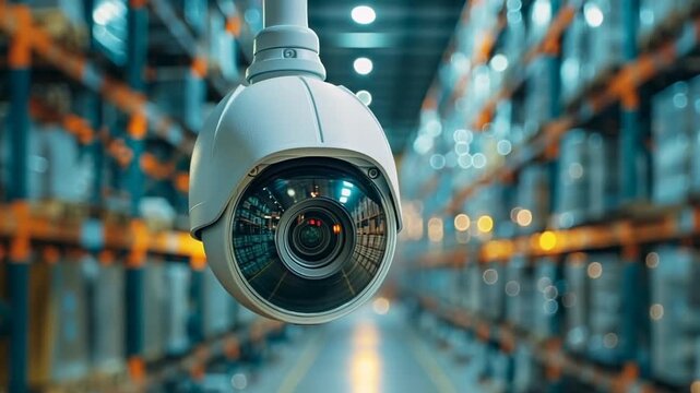 Security camera monitoring large industrial warehouse
