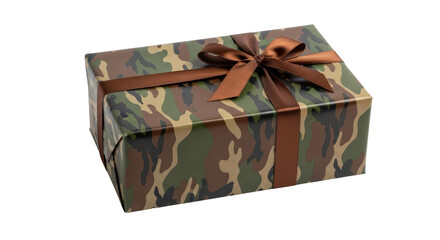 Isolated Camouflage Gift Box with Brown Ribbon