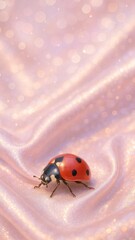 Obraz premium Ladybug on shimmering pink fabric