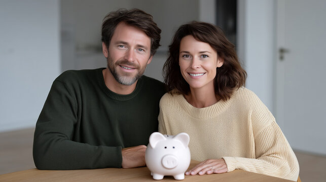 A couple saving money in a piggybank at home, financial planning, couple savings, home budgeting, wealth management, financial goals