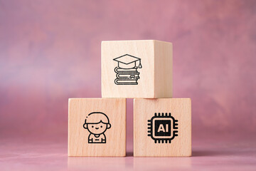 Wooden blocks showing icons of AI, student, and books with graduation cap, concept of artificial intelligence in personalized education, learning assistance, and academic development