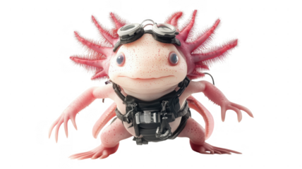 Unique amphibian in scuba gear poses against an transparent background