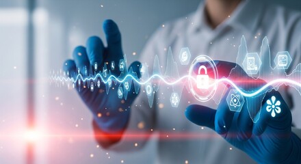 Close up of a person wearing blue gloves interacting with a futuristic digital interface displaying data streams and security icons, representing advanced technology and data analysis