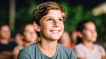 Fototapeta premium A young boy smiles joyfully while watching a performance, surrounded by an audience in a warm, engaging atmosphere.
