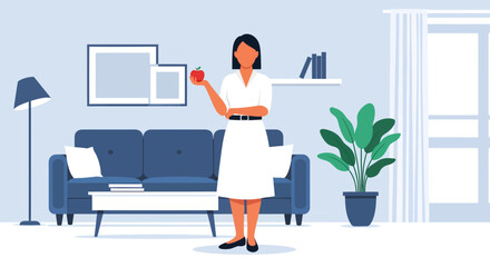 Confident Woman Holding a Fresh Red Apple in a Modern Living Room, Symbolizing Health and Education