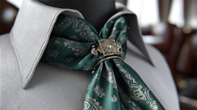 Elegant cravat with intricate design on a gray shirt.