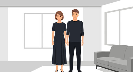 Full-length vector illustration of a smiling young adult couple standing together in a modern, minimalist room with