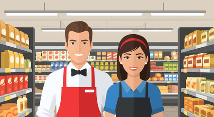 Friendly Supermarket Staff Providing Excellent Customer Service in a Modern Grocery Store Environment with Full Shelves