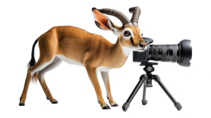 Creative animal photography setup with an antelope focused on a camera on a tripod