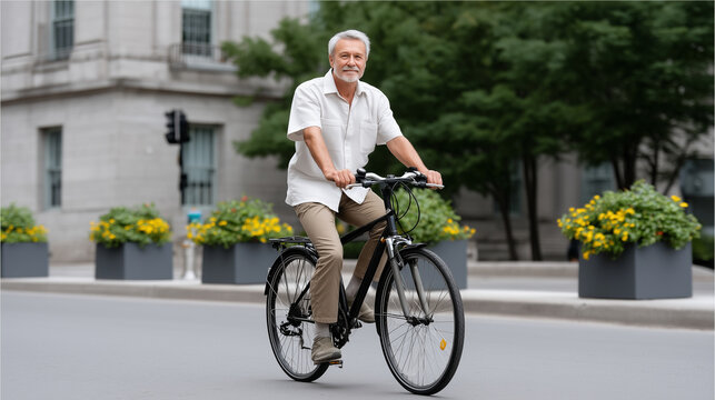 An active man biking on a city street, senior cycling, active lifestyle, urban mobility, healthy aging, eco-friendly transport