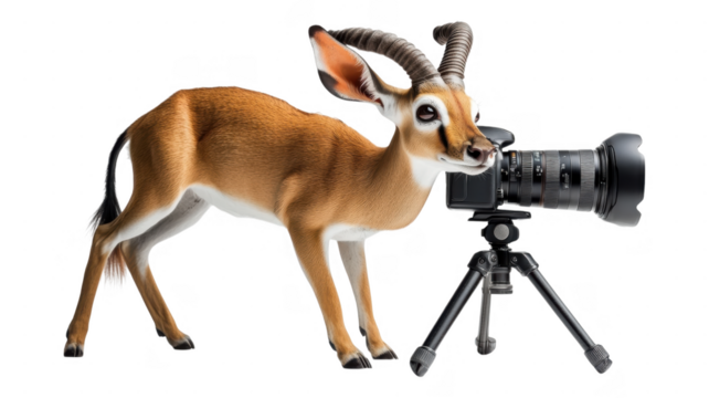 Creative animal photography setup with an antelope focused on a camera on a tripod