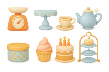 Pastel kitchen utensils and desserts in 3d cartoon style for baking themes