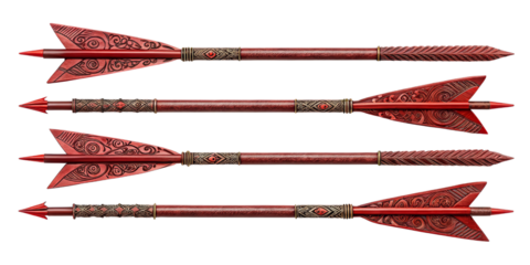 Four Ornate Red Arrows, Isolated on Transparent Background, Game Asset, 3D Render, Arrows, Game Design, Fantasy