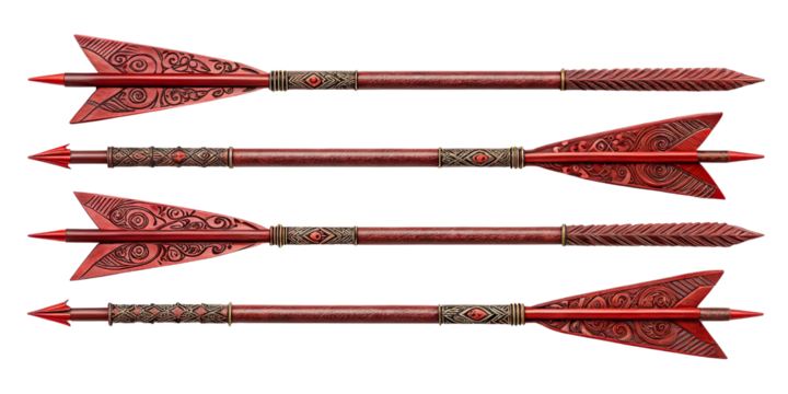 Four Ornate Red Arrows, Isolated on Transparent Background, Game Asset, 3D Render, Arrows, Game Design, Fantasy