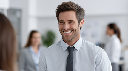 A happy businessman discussing sales with his team, business success, team meeting, sales performance, corporate collaboration, office positivity