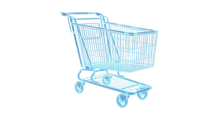 3D Wireframe Shopping Cart with Blue Neon Glow on Black Background