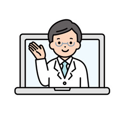 オンライン診療をする男性医師のイラスト素材