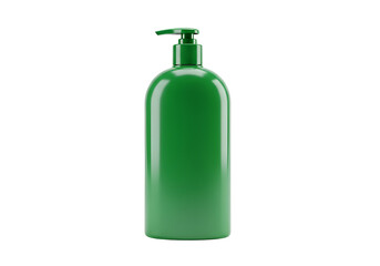 A glossy, emerald green, pump bottle is displayed against a black background.