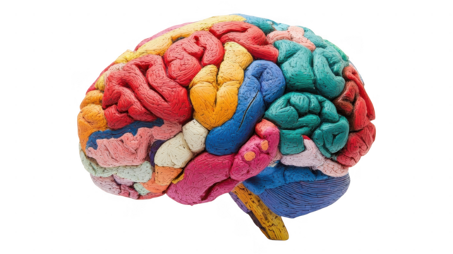 Colorful transparent representation of a human brain showcasing various brain regions and functions