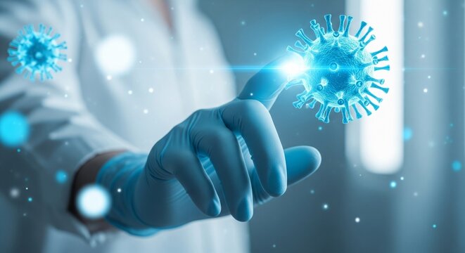 Closeup of a gloved hand touching a glowing blue virus particle, representing medical research and the fight against infectious diseases like covid19 - Powered by Adobe