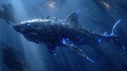 Fototapeta premium Cybernetic Shark: A formidable, sleek, and powerful cybernetic shark glides through the deep ocean, its futuristic design a testament to advanced technology and aquatic dominance.