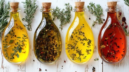Flavored olive oils with herbs in glass bottles