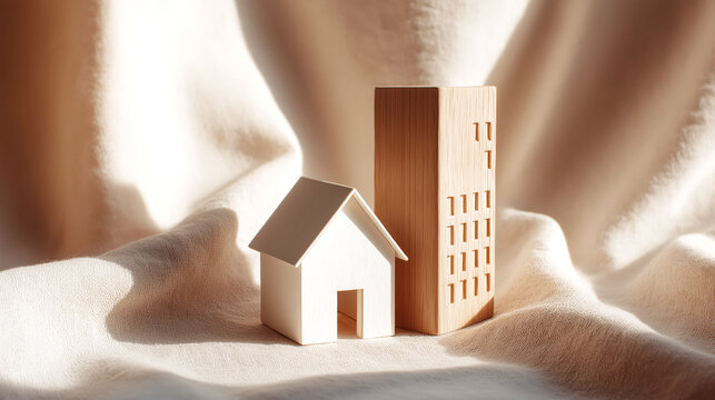 Wooden House and Building Models on Fabric Background
