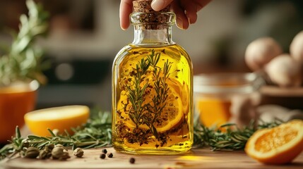 Infused olive oil with lemon and rosemary on wooden board