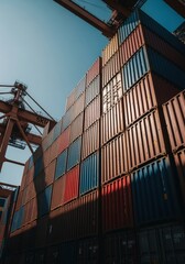 Fototapeta premium Cargo Shipping Containers Stacked High in a Large Industrial Shipping Port Under Clear Blue Sky for International Freight Transport and Logistics