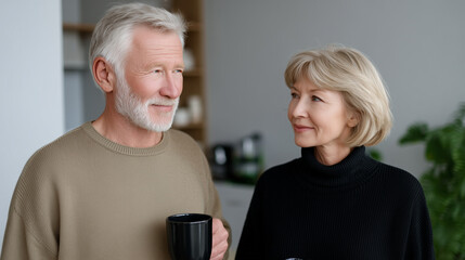 A senior couple enjoying tea time at home, senior lifestyle, mature couple, home warmth, tea moment, cozy living