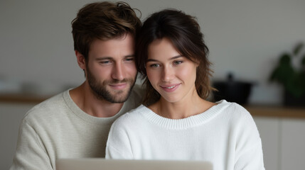 A couple embracing while using a laptop, couple technology, digital lifestyle, modern couple, shared moment, online productivity