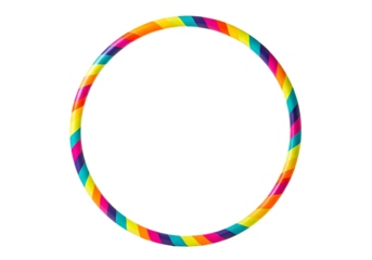 A vibrant, circular hula hoop with a rainbow of colorful stripes against a striking black background.