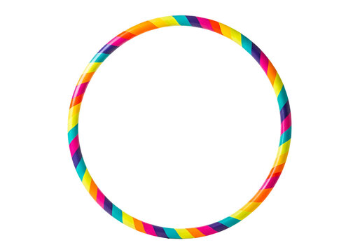 A vibrant, circular hula hoop with a rainbow of colorful stripes against a striking black background.