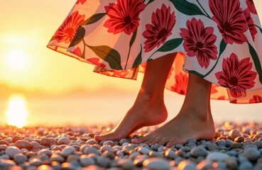 Woman walking barefoot on pebbles at sunset with floral dress creating a relaxed summer scene