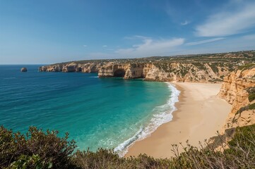 Fototapeta premium Coastal Landscape Featuring Sandy Shores and Rocky Cliffs