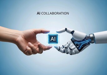 AI Collaboration Human and Robot Hands Connecting with Artificial Intelligence Chip