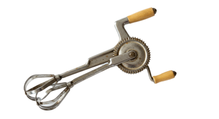Vintage kitchen hand mixer cooking tool antique whisk utensil manual metal gear food preparation equipment on transparent background