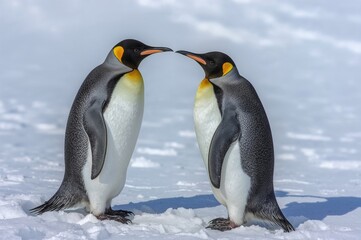 Obraz premium Two Emperor Penguins meet face to face in the snowy landscape, viewed from the side