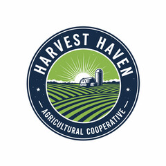 Farm Field and Barn House Circle Shape Logo Emblem Vector Illustration