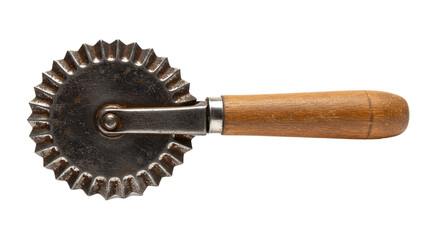 Vintage pastry wheel cutter ravioli pasta dough crimper with wooden handle kitchen baking tool equipment on transparent background