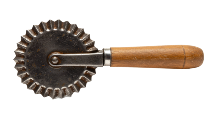 Vintage pastry wheel cutter ravioli pasta dough crimper with wooden handle kitchen baking tool equipment on transparent background