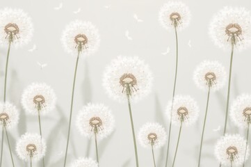 Obraz premium Seamless floral pattern featuring white dandelion fluff silhouettes on a natural background. 2D artwork