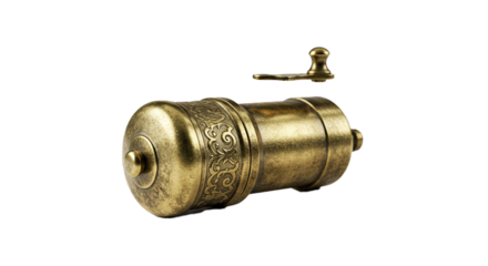 Vintage golden grinder antique metal object ornate design old fashioned mill isolated background on transparent background